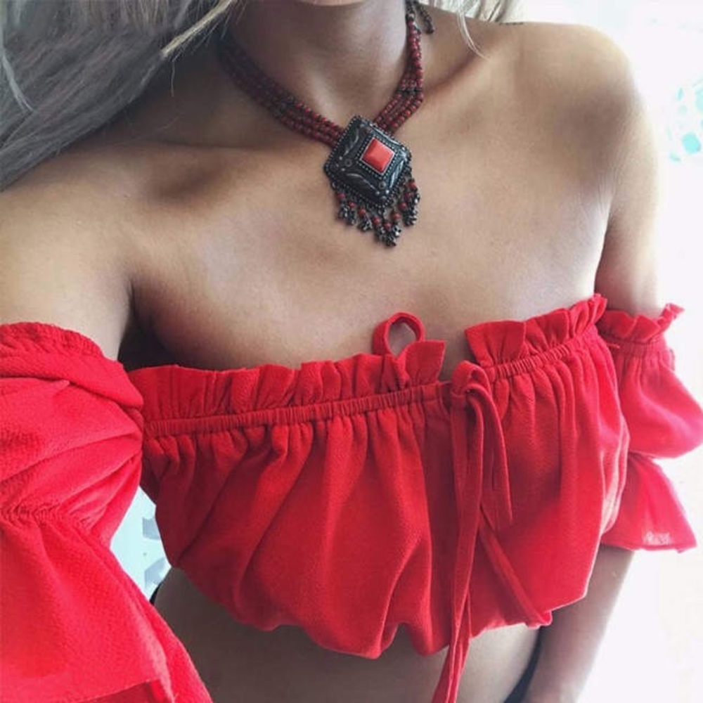 Red summer lantern off shoulder strapless crop top - Picture 2 of 6